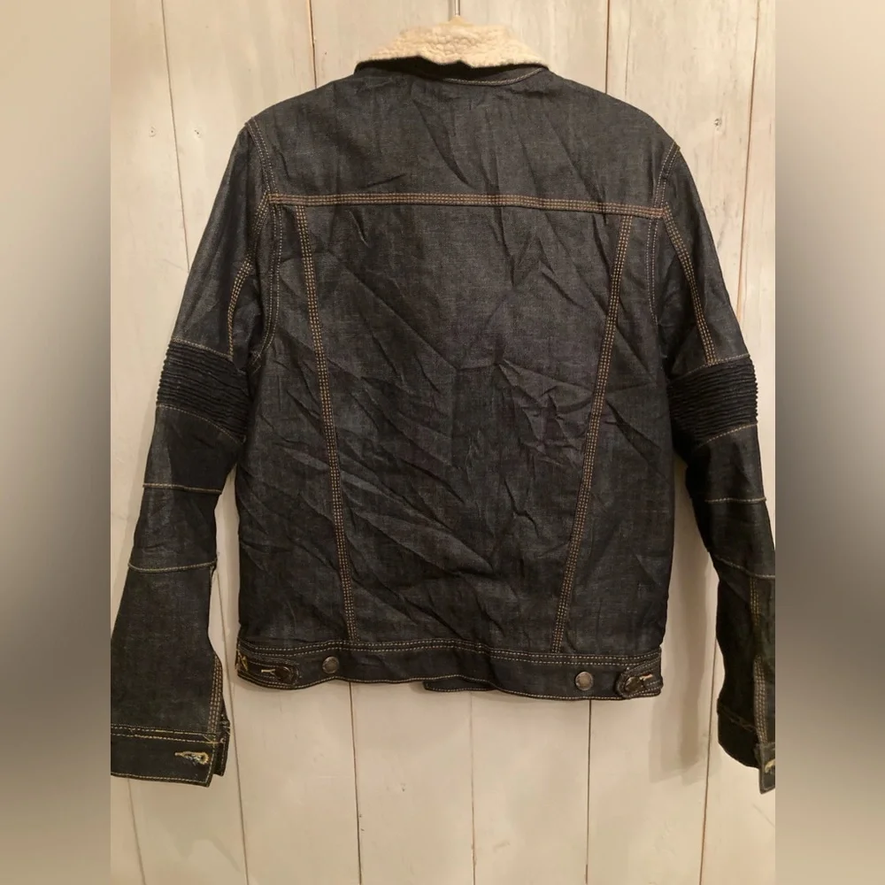 Heritage America Jacket Mens Dark Denim Button Sherpa Collar Bomber Fit‎ New Med